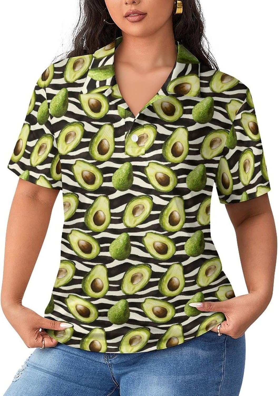 Avocado Zebra Stripes Pattern Women's Golf Polo Shirts Short Sleeve Quick Dry Tennis Tops Casual Work Blouses