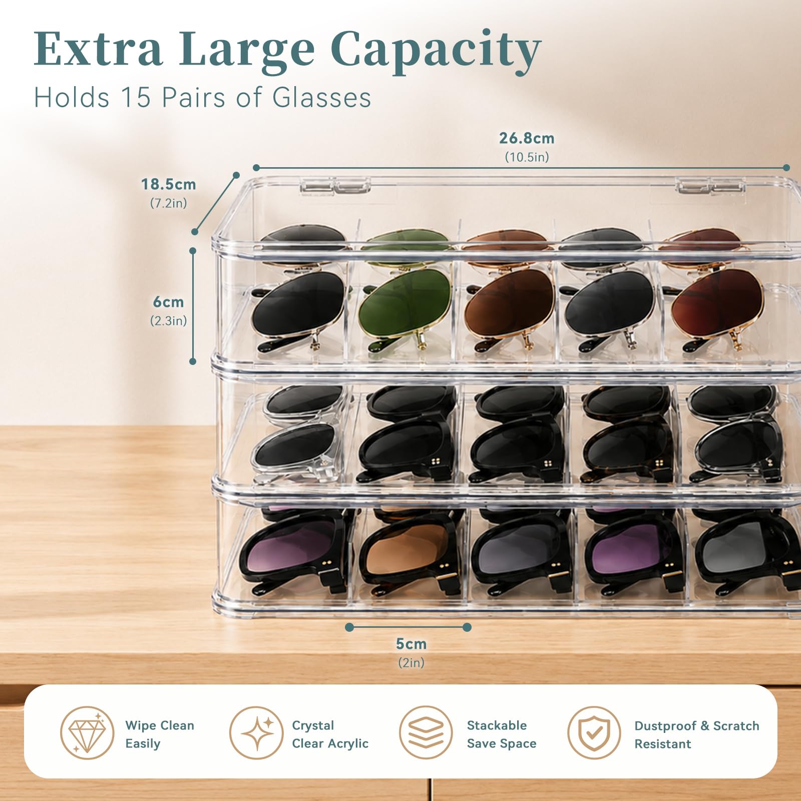 3 Acrílico Organizador de Gafas de Sol Capacidad para Guardar Varias Gafas - Caja para Gafas 5 Cuadrículas con Tapa Transparente - Apilable Guarda Gafas Organizador para Almacenamiento Joyas