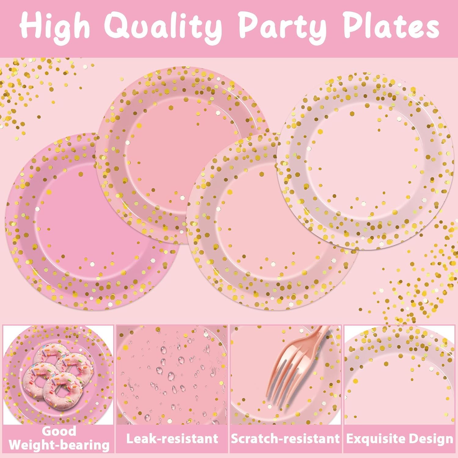 OBUSATT 100Pcs Pink Rose Gold Paper Plates Party Supplies Light Pink Tableware Set Disposable 7 Inch Polka Dot Dinner Dessert Cake Plates for Bridal Baby Shower Wedding Birthday Party Decorations