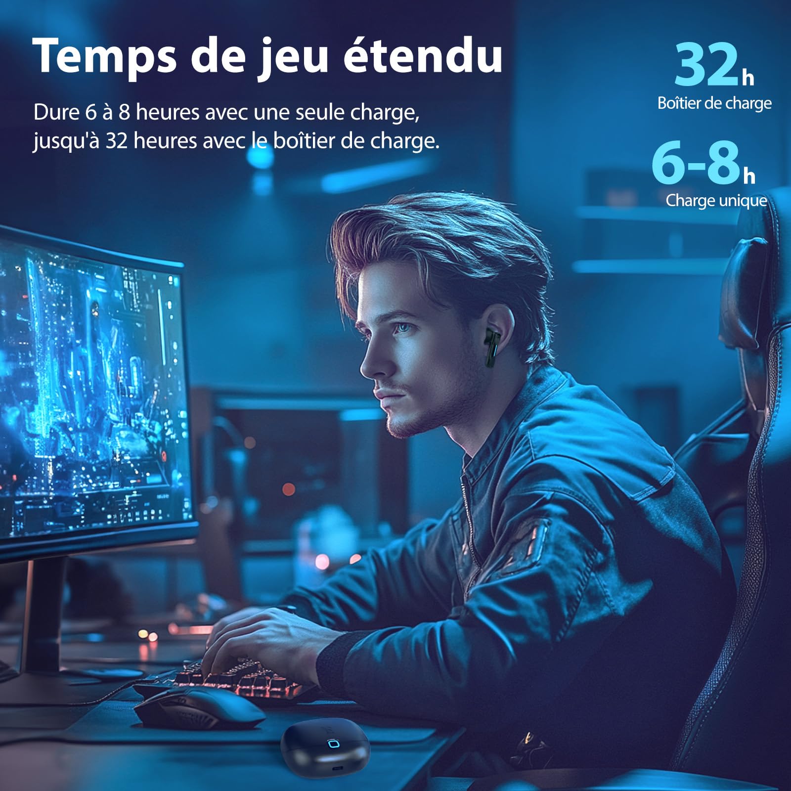 Écouteurs gaming sans fil SW5 avec Bluetooth 5.4 et dongle 2,4 GHz, casque sans fil IPX4 résistant à l'eau avec mic AI, 20 ms latence ultra-faible avec PC,Switch,VR,PS5,ordinateur de bureau,mobile
