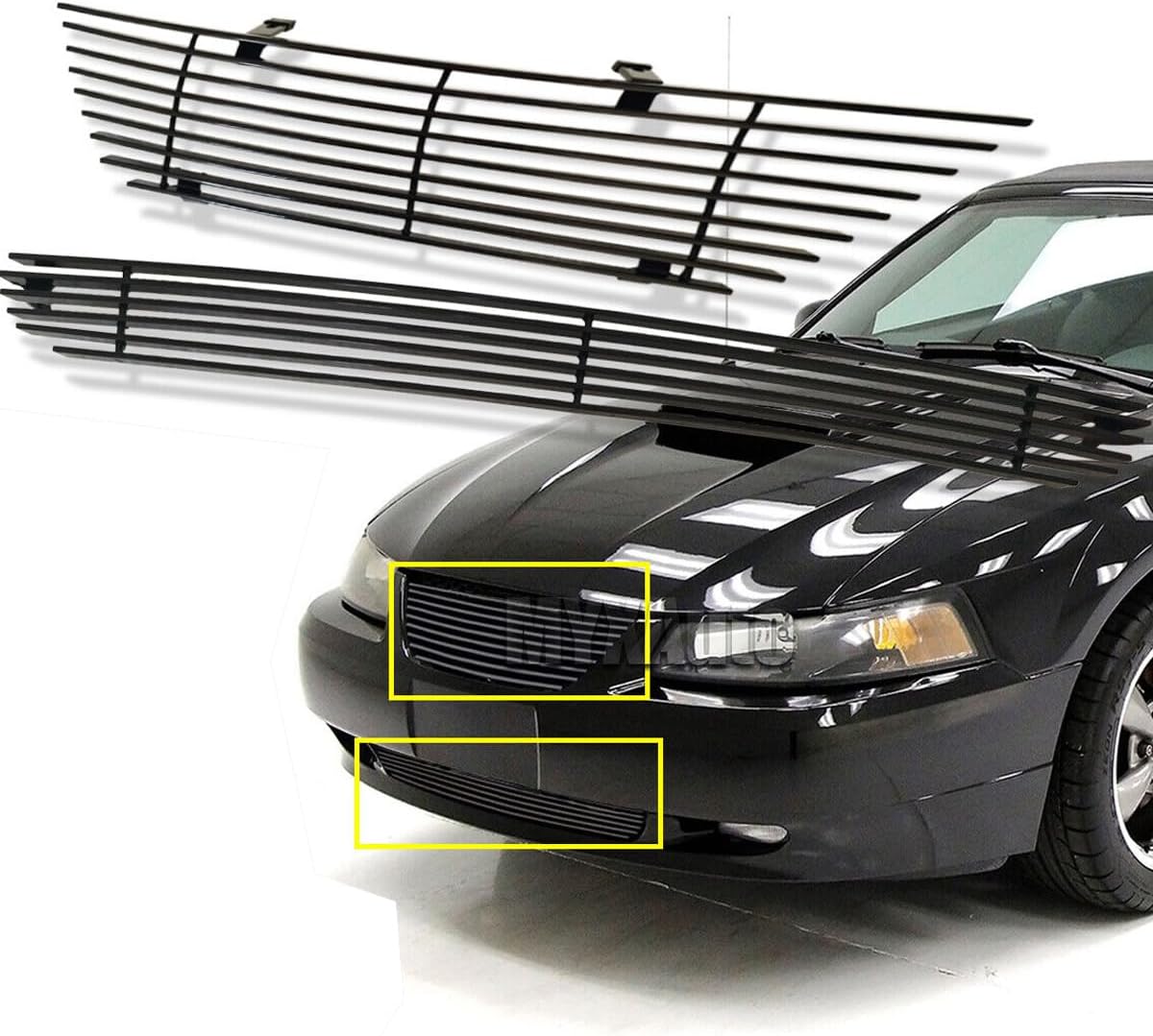 Black Grill Fits 1999-2004 Ford Mustang Main Upper Lower Bumper(Not for Cobra) Front Grille Insert Combo 2000 2001 2002 2003