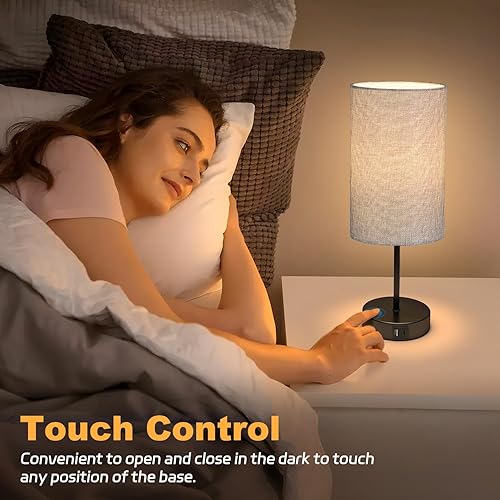Miniatura 23 de AKASUKI Lámpara de mesa para dormitorio, lámpara táctil regulable de 3 vías con estación de carga doble, lámparas de noche pequeñas para mesitas de