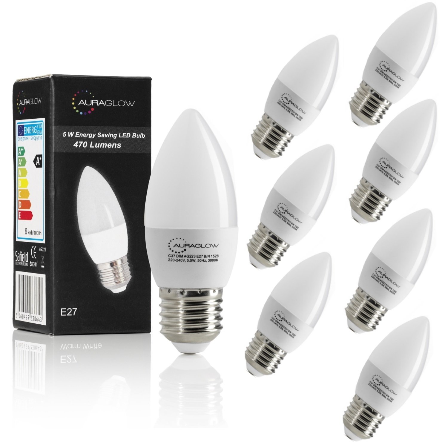 Auraglow Cool White 5W Led E27 Candle Light Bulb, 6500K, 470 Lumens - 40W Eqv - 8 Pack
