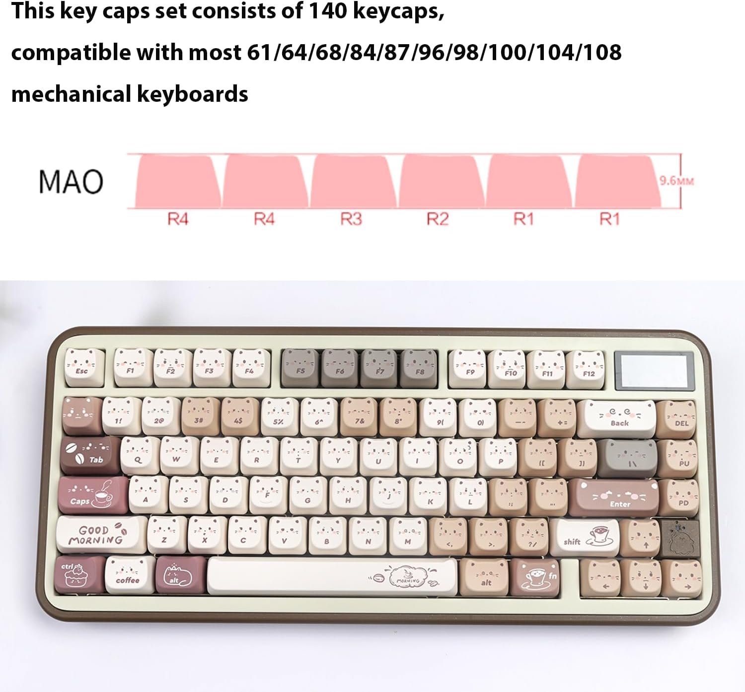 mintcaps 140keys PBT Keycaps Cute Brown Keycaps Dye-Sublimation Cat Keycap Mao Profile Custom Keycap for 61/64/68/78/84/87/96/98/104/108 Gateron MX Swithes Mechanical Keyboards