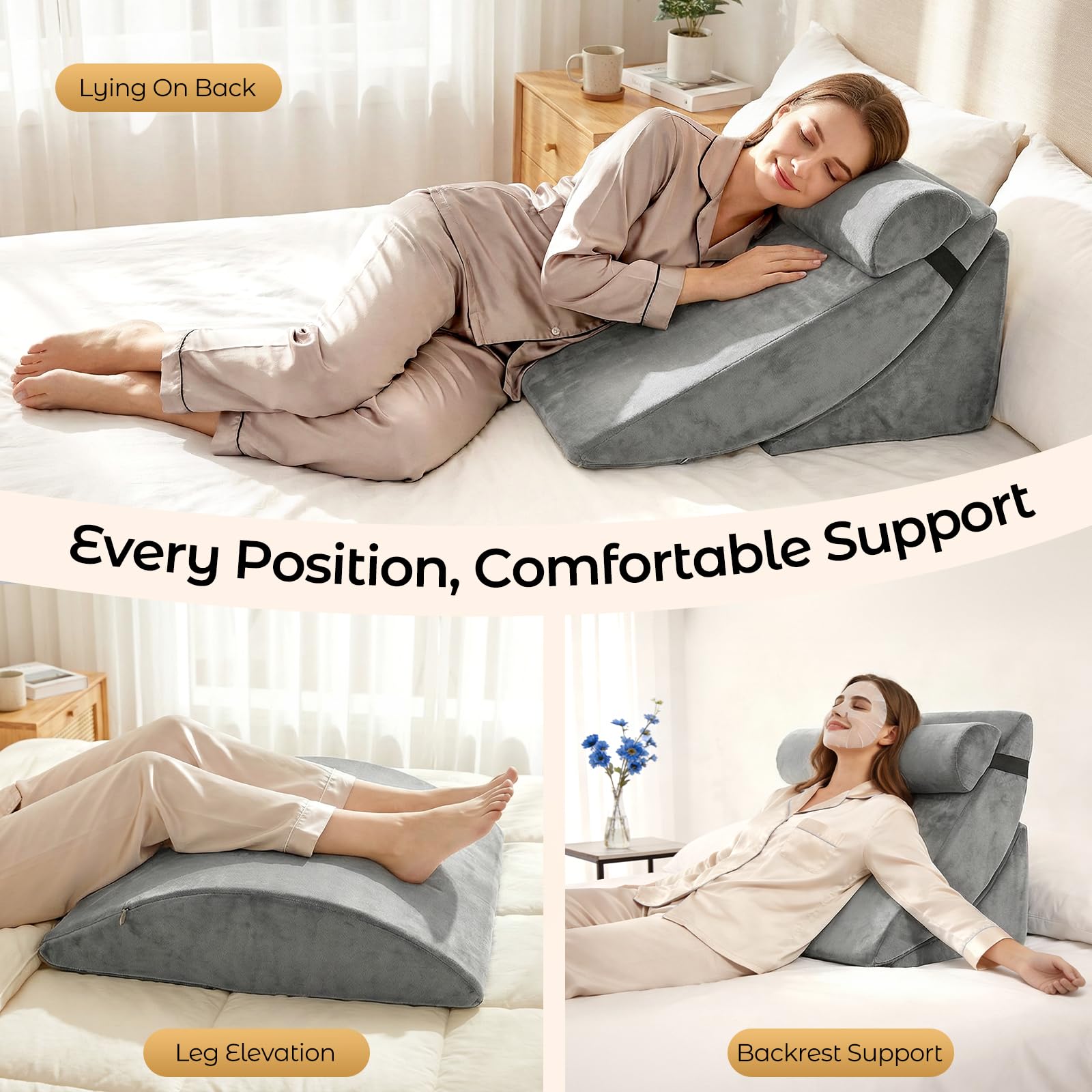 Set di 4 cuscini a cuneo in memory foam, cuscino letto e lettura regolabile in altezza, per divano e letto, lavabili in grigio