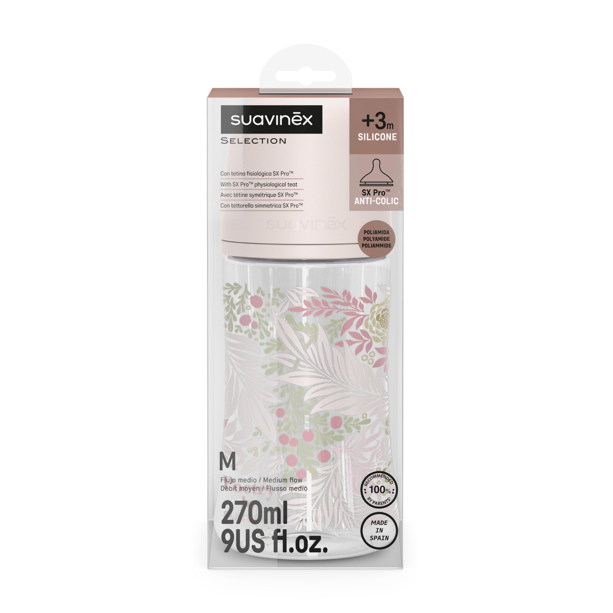 Suavinex, biberon da 270 ml, con tettarella fisiologica SX Pro in silicone, valvola anticolica, flusso medio (M), per liquidi a media densità, latte, succhi o acqua. Neonati +3 mesi. Poetry, Rosa