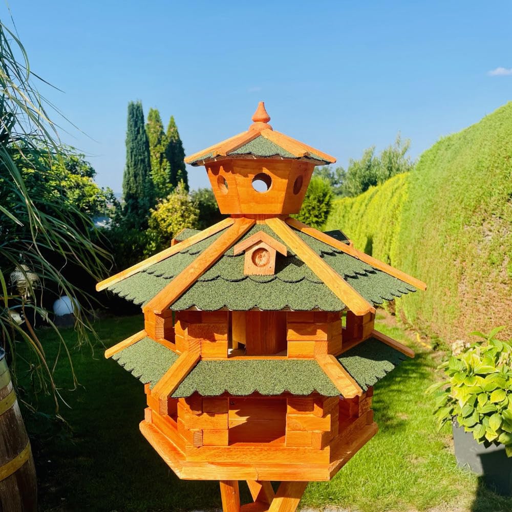 Villa para pájaros resistente a la intemperie, de L a XXL, comedero, con o sin soporte, en color marrón con rojo, verde o azul, para jardín y balcón (tamaño XXL, sin soporte, verde - marrón)