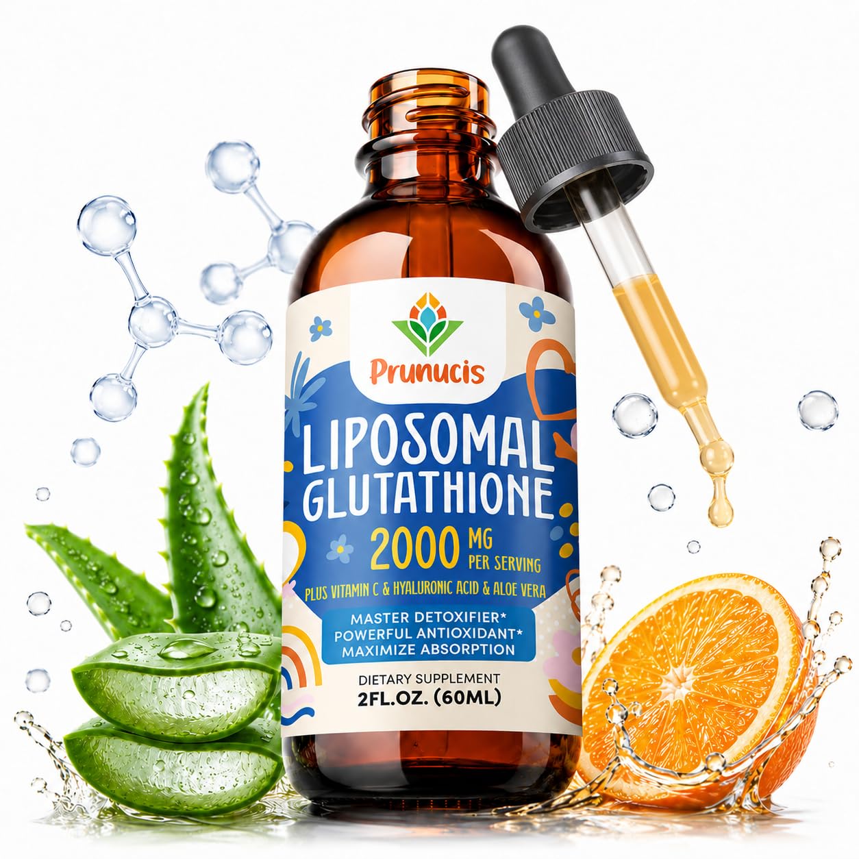Prunucis 2000MG Liposomal Glutathione Liquid, 98% Absorption, Active Form L-Glutathione Supplement, Vegan Friendly, Powerful Antioxidant Complex for Immune System, Aging Defense, Detox, 2 FL.OZ : Health & Household