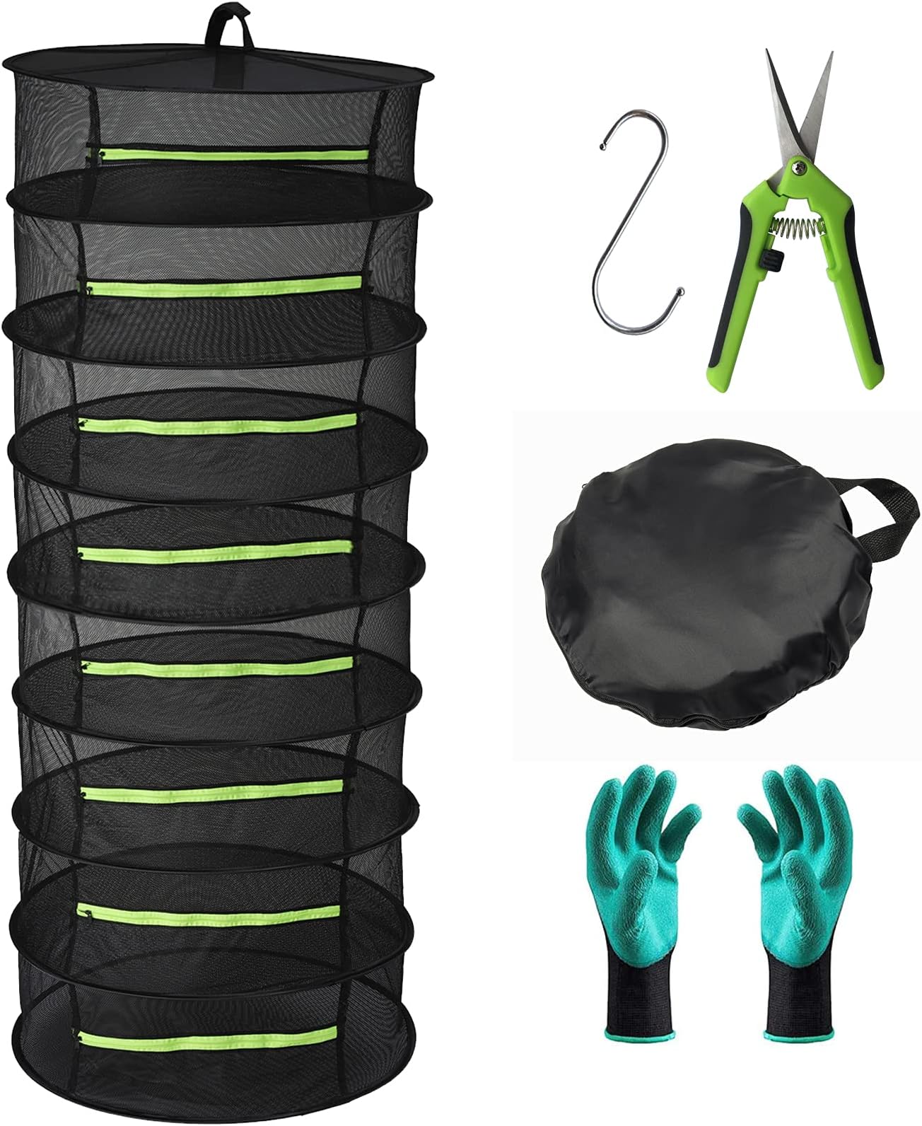Herb Drying Rack 8 Layer Collapsible Mesh Hanging Drying Net with Zipper, Seropy 2ft Drying Rack with Garden Gloves, Pruning Scissors, Hook, for Drying Seeds, Herb, Bud, Hydroponic Plants 24"D x 63"H