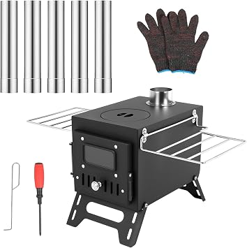Camping Tent Stove, Foldable Tent Wood Burning Stove, Portable Hot Tent Wood Stove with Windproof Chimney for Outdoor Camping Cooking, Black