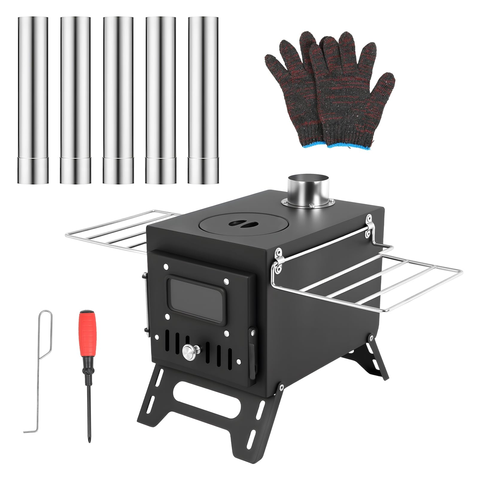 Camping Tent Stove, Foldable Tent Wood Burning Stove, Portable Hot Tent Wood Stove with Windproof Chimney for Outdoor Camping Cooking, Black