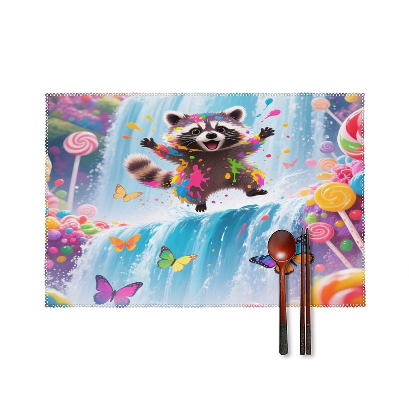 Candyfall Raccoon Placemats Set of 4 Heat Resistant Non-Slip Place Mats for Dining Table Washable Placemat Wipeable Dining Table Mat Canvas Place Mats Dining Table Decor