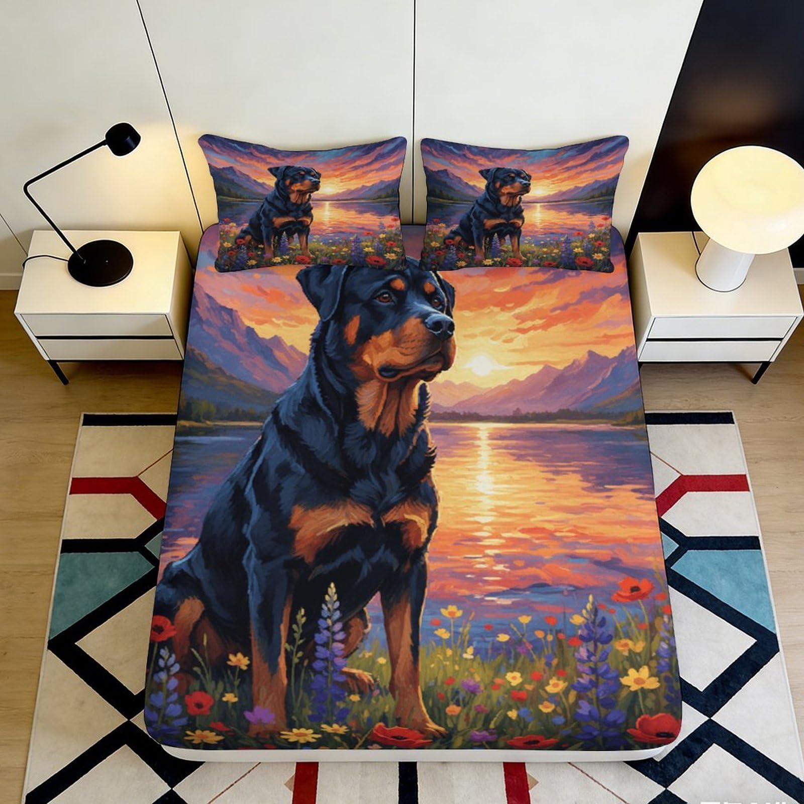 3D Printed Rottweiler Sunset Fitted Sheet Microfiber Soft Decorative Dog Bed Cover for Bedroom Dorm Mattress Protection 90x200x25cm