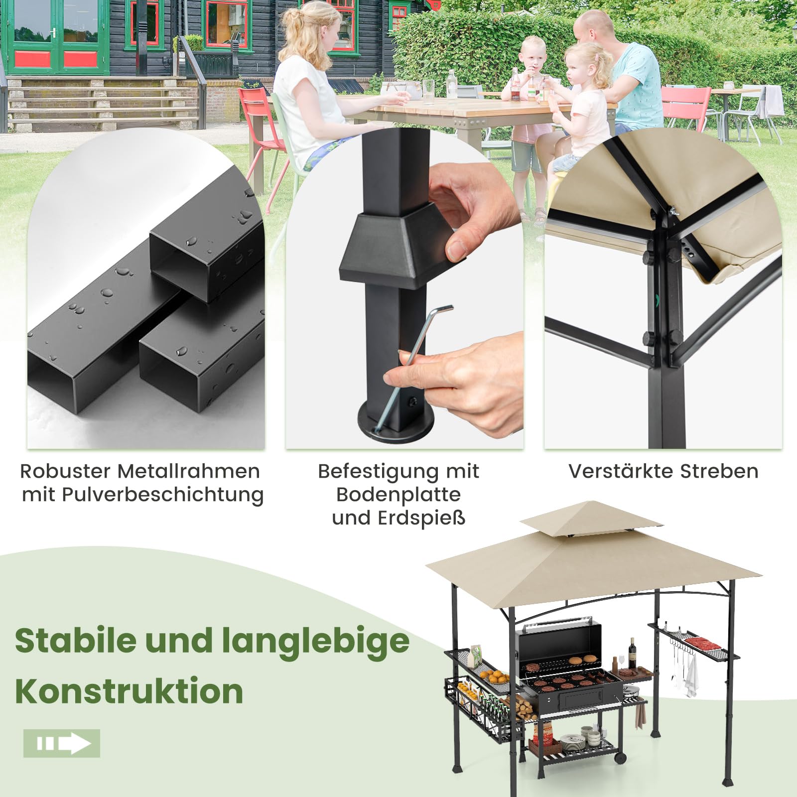 COSTWAY pawilon do grillowania z podwójnym dachem, półkami bocznymi, koszami metalowymi, hakami i otwieraczami do butelek, odporny na warunki atmosferyczne, do ogrodu, na zewnątrz (242 x 153 x 250 cm