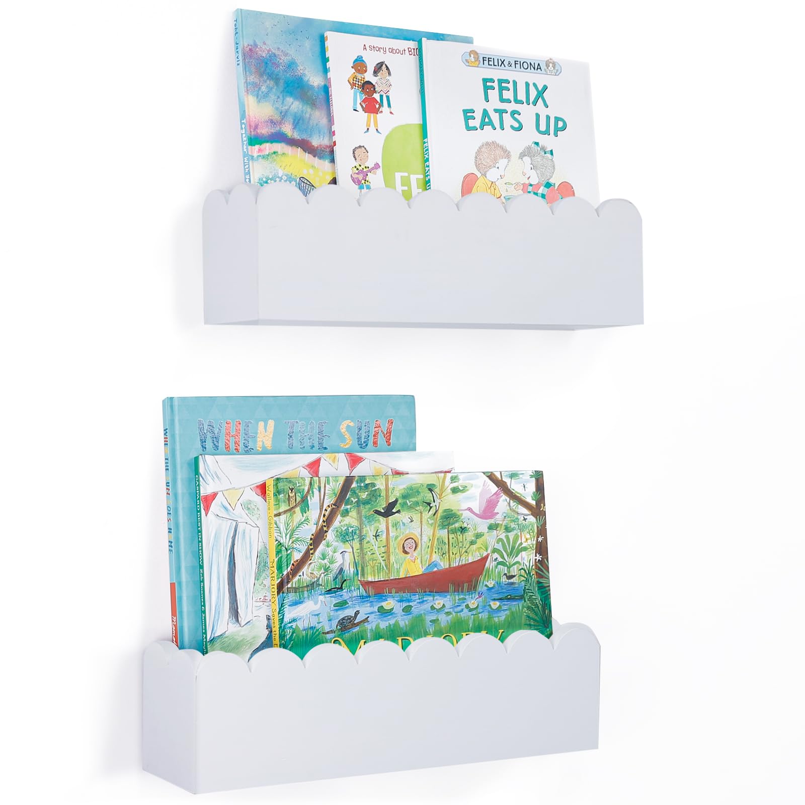 kroucoco Juego de 2 estanterías flotantes festoneadas para habitación de niños, estantería de pared de madera natural para habitaciones de niños, estantería de bebé premontada, estantes de