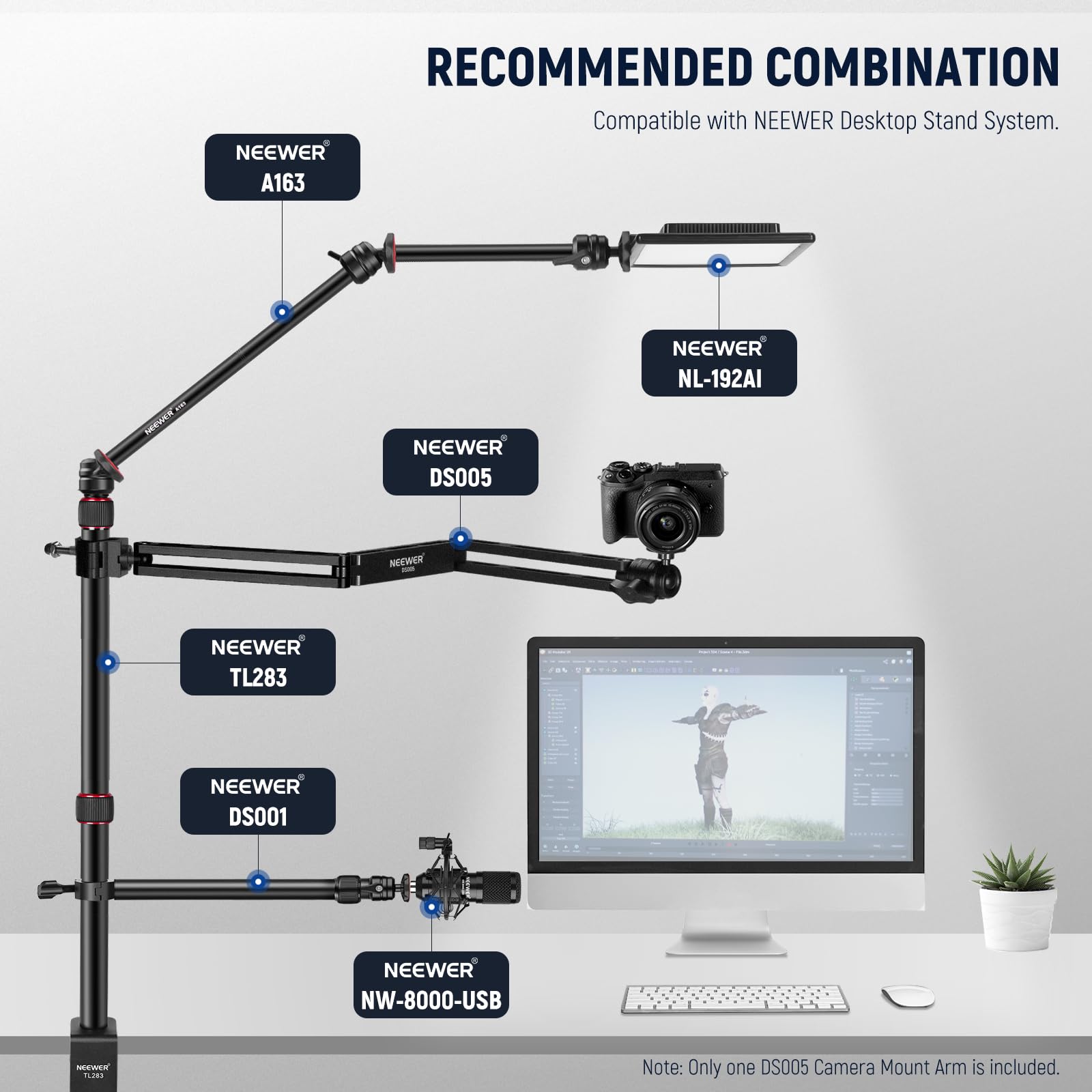 NEEWER Bras de Montage de Caméra Aérienne, 23"/58,5cm Extensible Articulé à 3 Volets avec Vis à Tête Sphérique pour Support de Bureau Webcam Microphone Annulaire LED, Max.3,3lb/1,5kg, DS005(Noir)