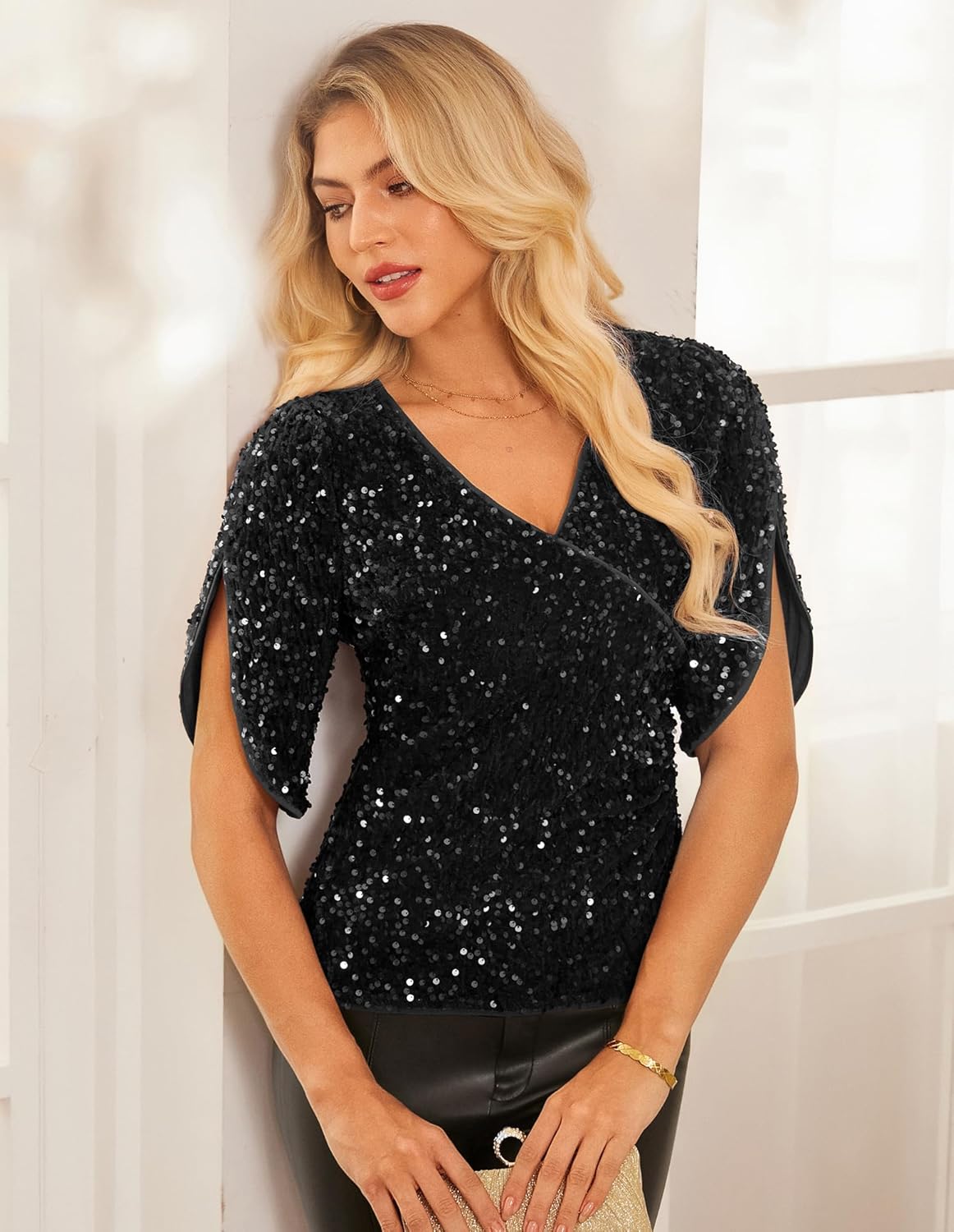 GRACE KARIN Womens 3/4 Length Sleeve Sequin Tops V Neck Velvet Ruched Blouses 2026 Glitter Trendy Party Outfit - Image 5