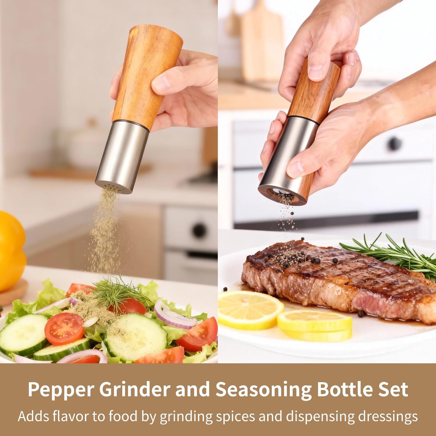 Pepper Grinder Set, 2 Pcs, Stainless Steel, Wooden, Refillable Ceramic-Core Grinder, Adjustable Coarseness, for BBQ and Kitchen Use