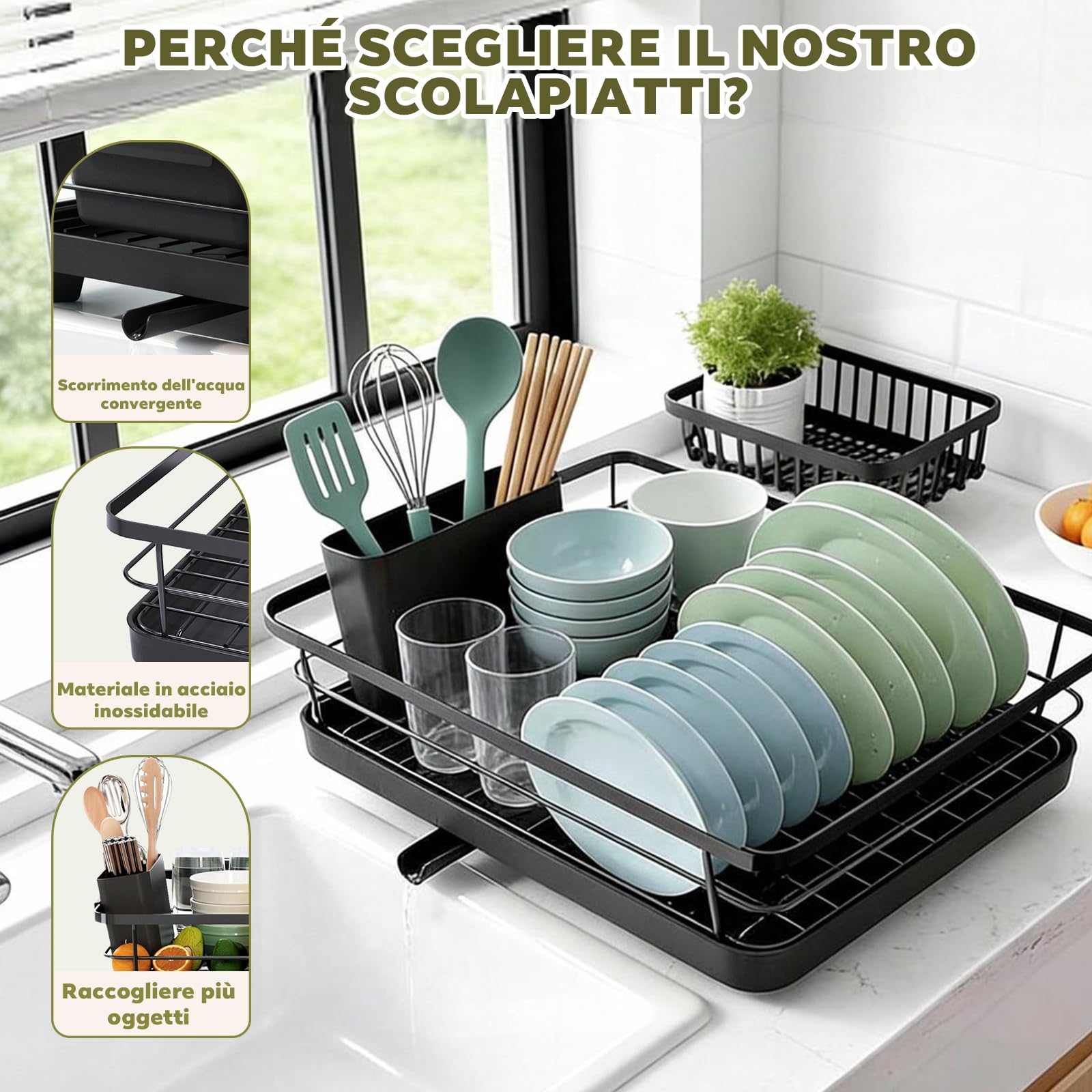 Scolapiatti da Appoggio - Scolapiatti da Lavello Salvaspazio, Scola Piatti per Bancone Cucina, Organizer da Cucina in Acciaio Inox con Portaposate, 29x38x13 cm, Nero