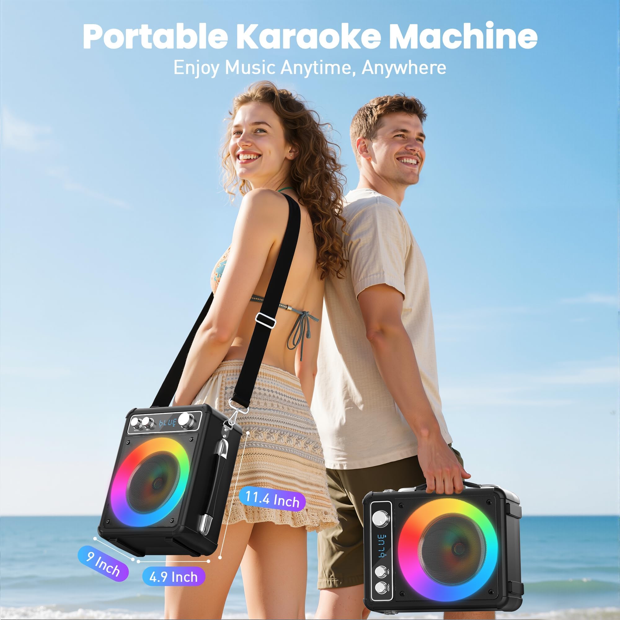 Tragbare Karaoke Maschine mit 2 Drahtlosen Mikrofone, Ankuka 15W Bluetooth Lautsprecher Box für Erwachsene/Kinder mit LED Lichteffekte, Unterstützt TF/USB, FM, Rec, AUX in, TWS für Party, Geburtstag