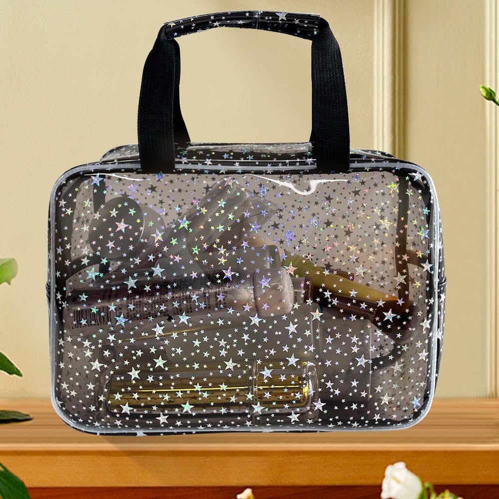 Black Holographic Star Cosmetic Bag for Women 11.8x5.1x8.2 Inches Portable Travel Toiletry Bag with Handles,Durable PVC Material,Zipper Design-Ideal Large Clear Makeup Organizer - Image 4