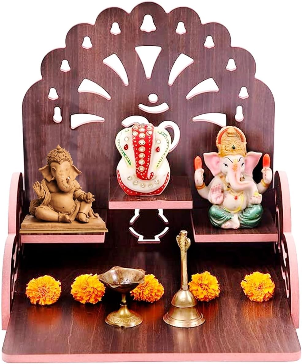 KRISHANA EXPORT STORE Small Wooden Temple for Home & Office, Light Weight Puja Mandir, Perfect for Smaller Spaces, Size- 28x28x26 CM