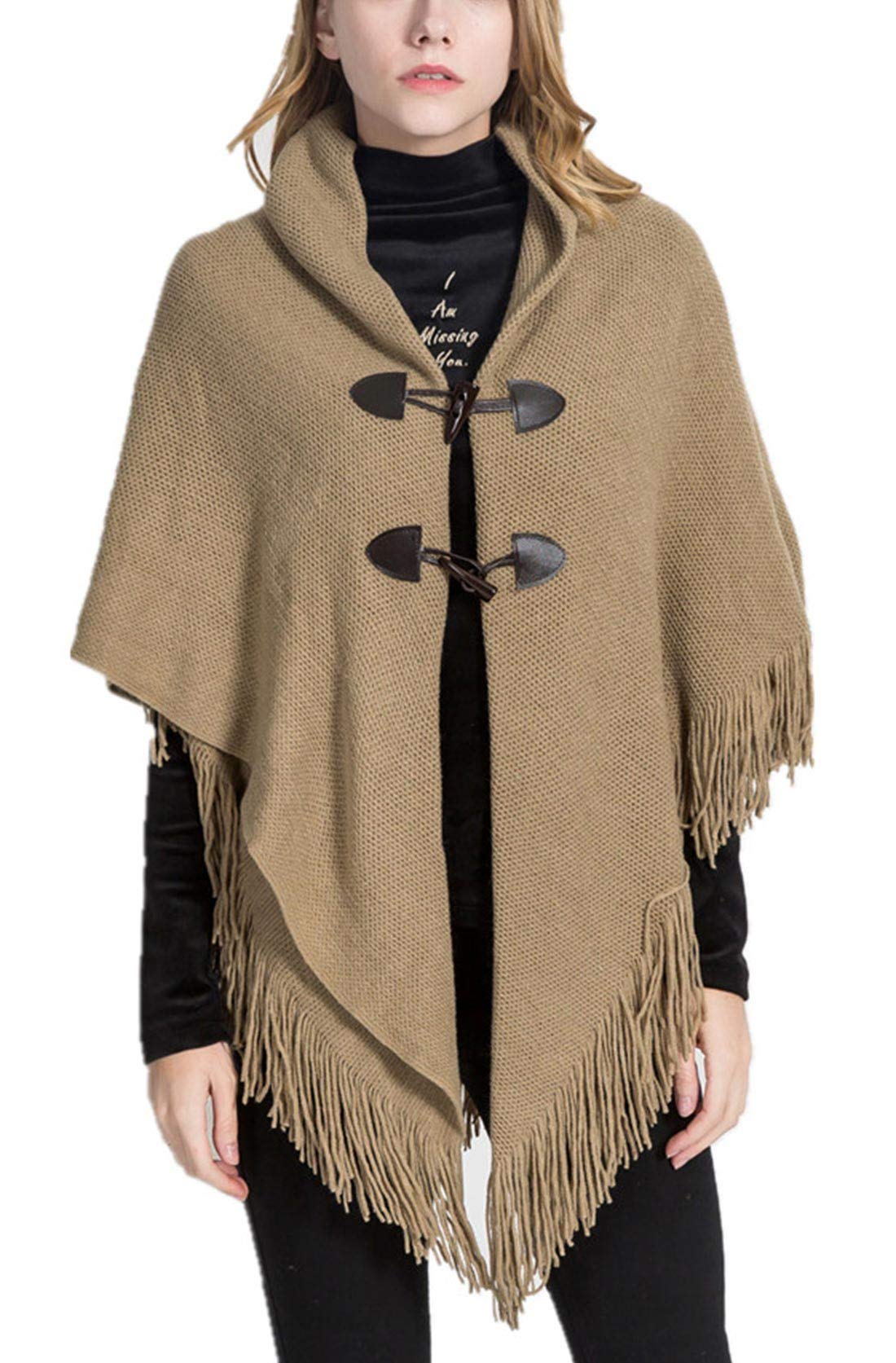 FEOYAWomen's Solid Color Shawl Wrap with Hood Warm Pashmina Blanket Scarf Tassel Fringed Cloak Cape Scarves for Autumn and Winter
