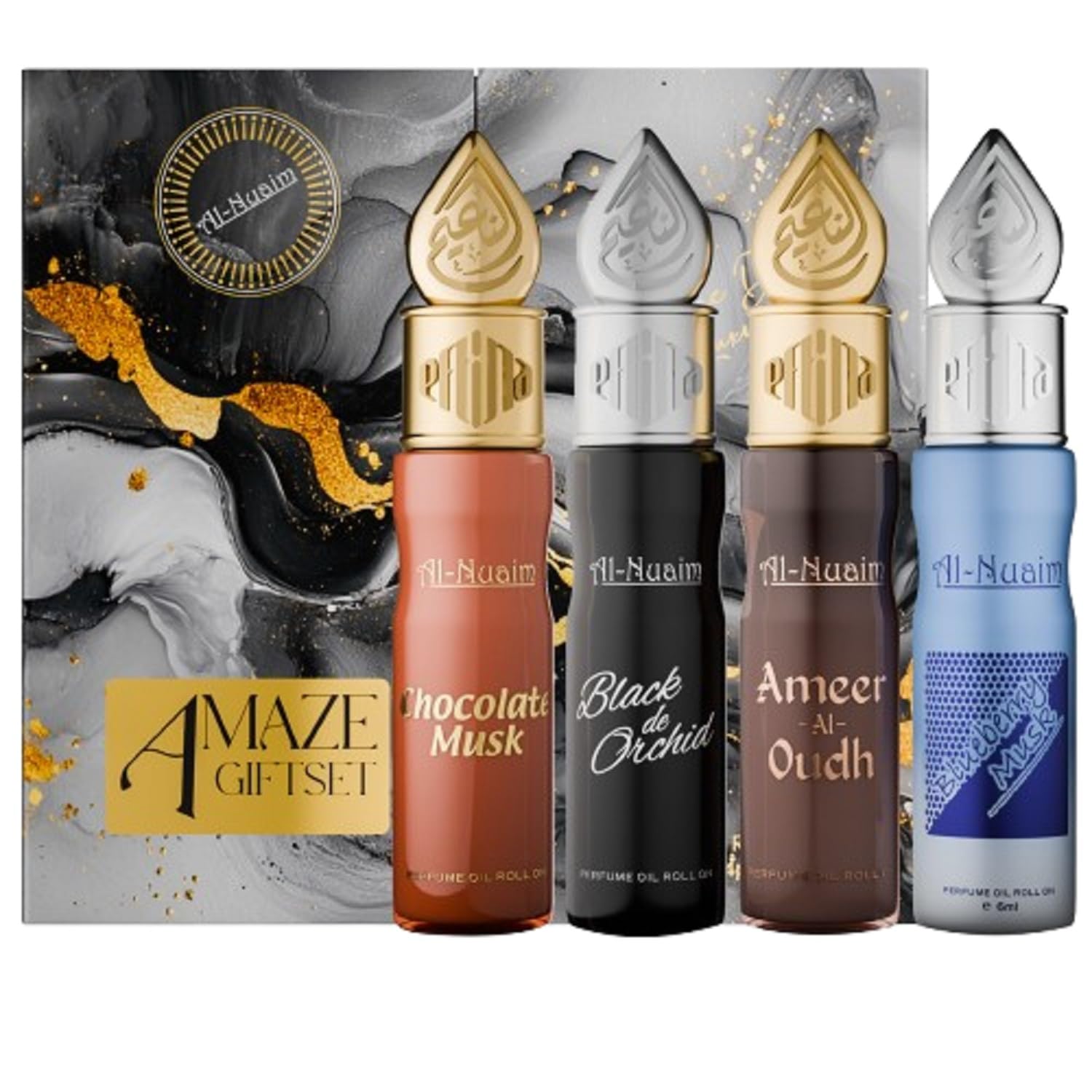 Al-Nuaim Amaze 4 Attar Gift Set For Men & Women (4 X 6ml) | Chocolate Musk | Black De Orchid | Ameer Al Oudh | Blueberry Musk | Long Lasting Fragrance (Pack Of 4)-image-38