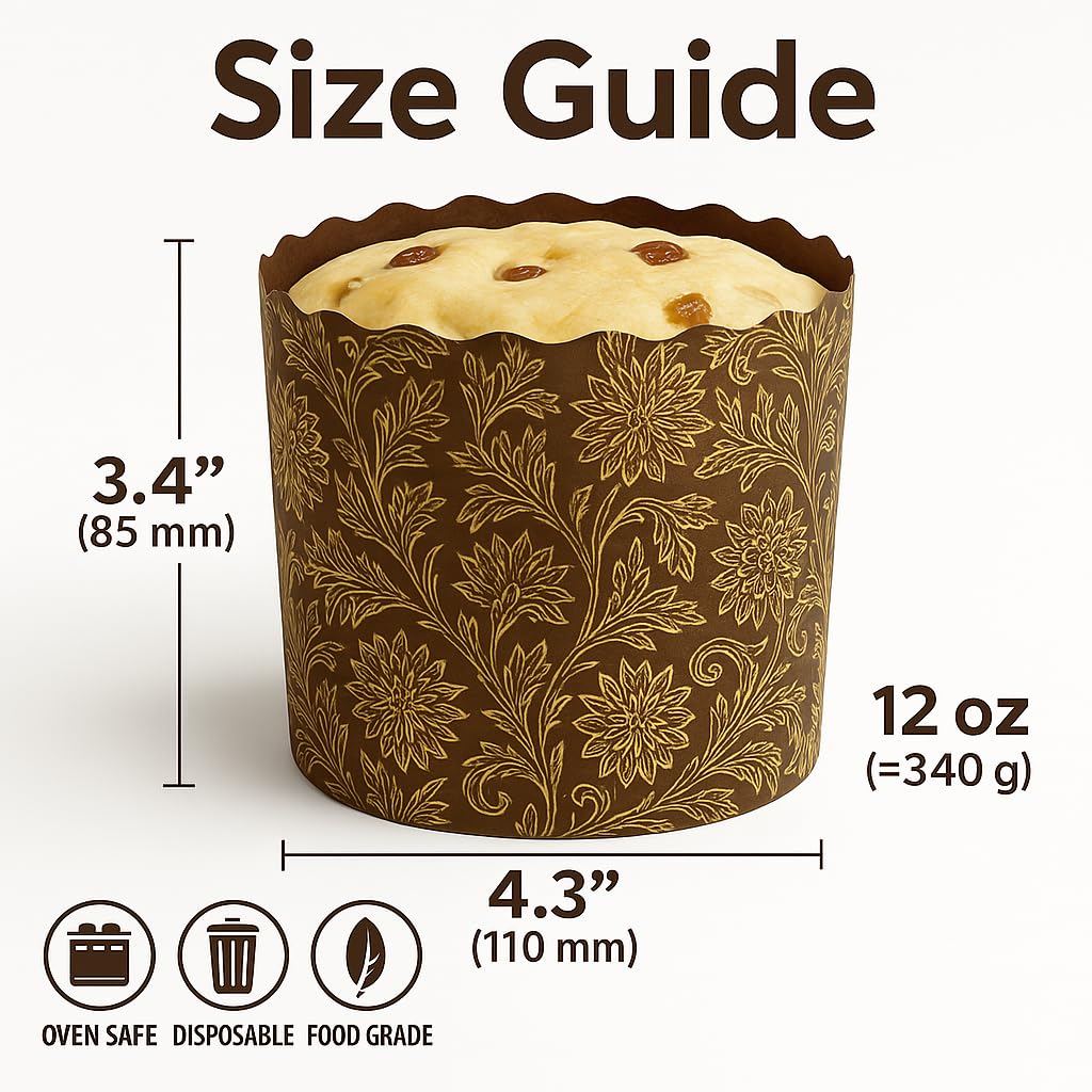 Moldes para hornear Kulich y Panettone de 12 onzas, paquete de 12 unidades, moldes de papel antiadherentes para pan de Pascua, 4.7 pulgadas de ancho x 3.1 pulgadas de alto, aptos para horno y