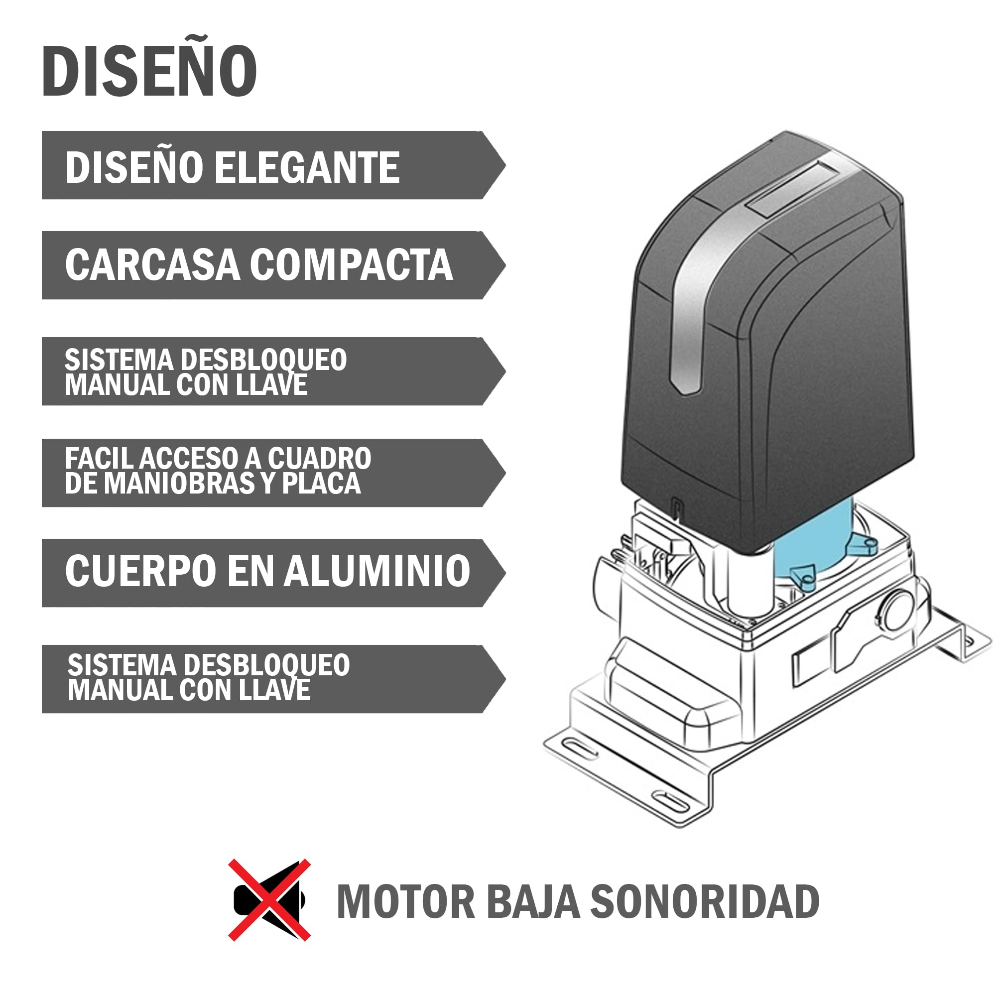 Kit completo Motorline Bravo 500 motor corredera profesional para automatizar puertas y cancelas correderas de hasta 500 kg de peso, con accesorios de calidad profesional y manual en español.