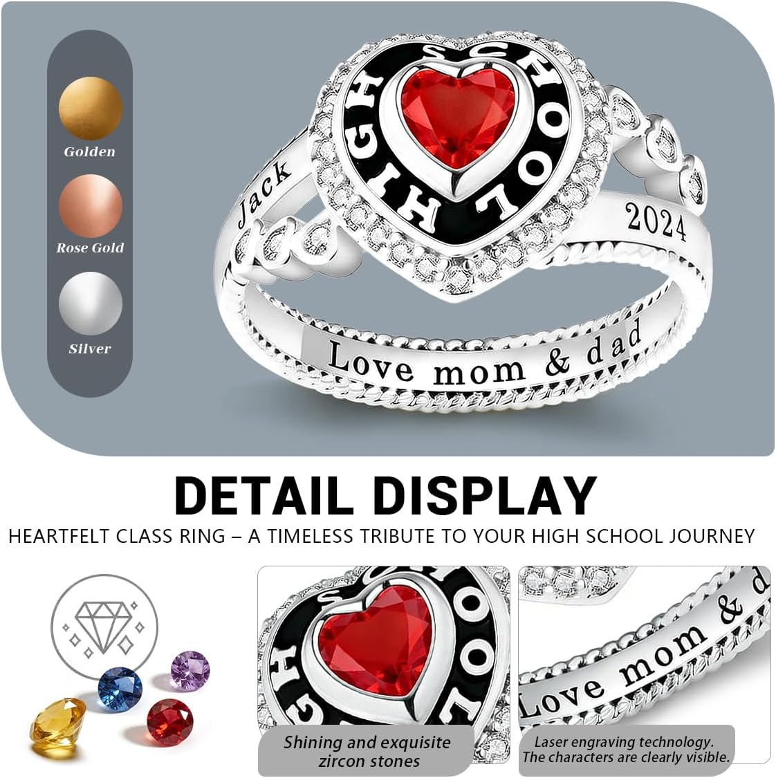 Custom Heart Shape Class Ring for Women - High School Graduation 925 Sterling Silver Ring with Cubic Zirconia Birthstone - Size 5-15