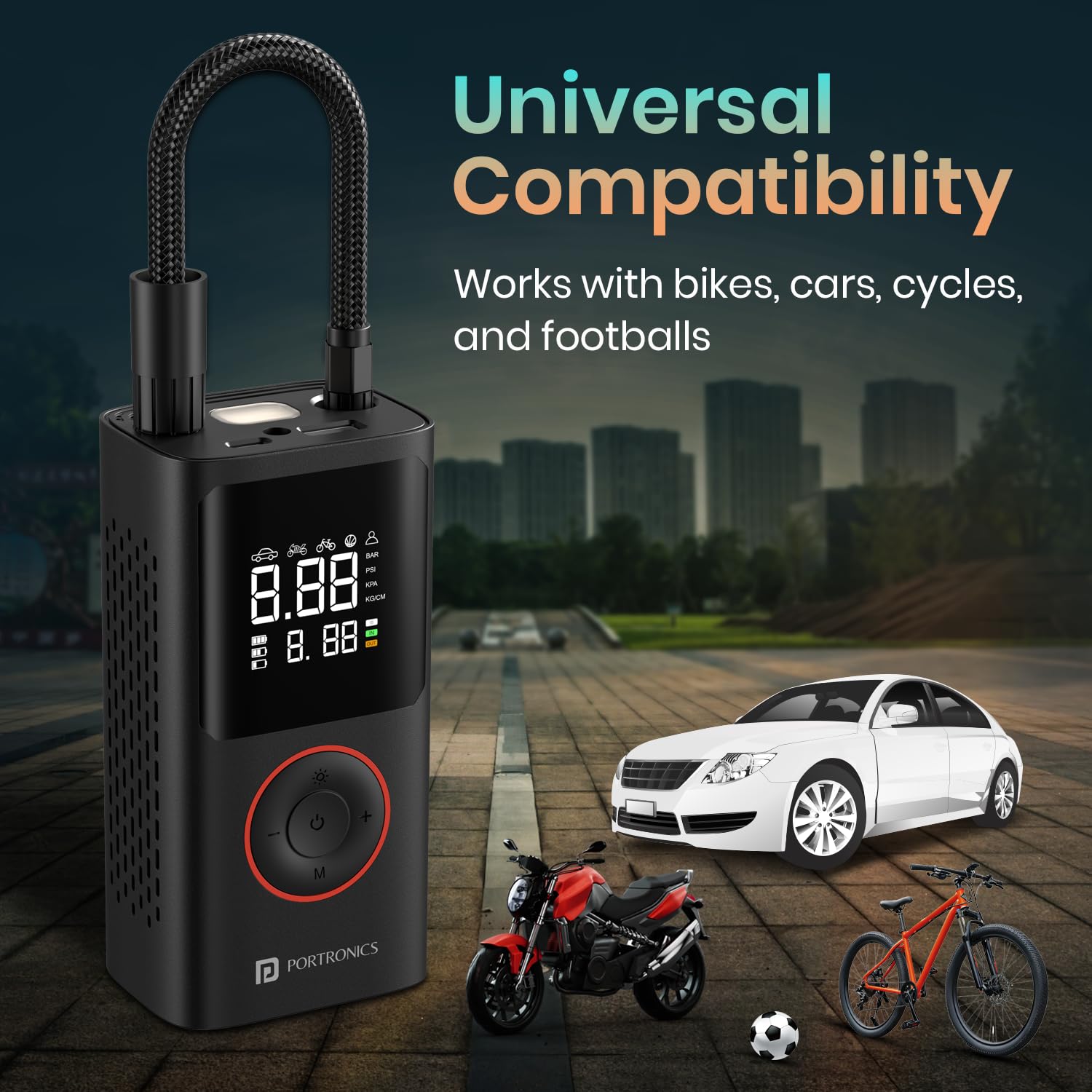 Portronics Vayu, 2-in-1 Tyre Inflator, Rechargeable & Corded Power, Preset Inflation Modes, Digital Display, Flashlight Torch with SOS, Auto Shut-Off, Multi-Purpose Use (Black) - Image 5 thumbnail