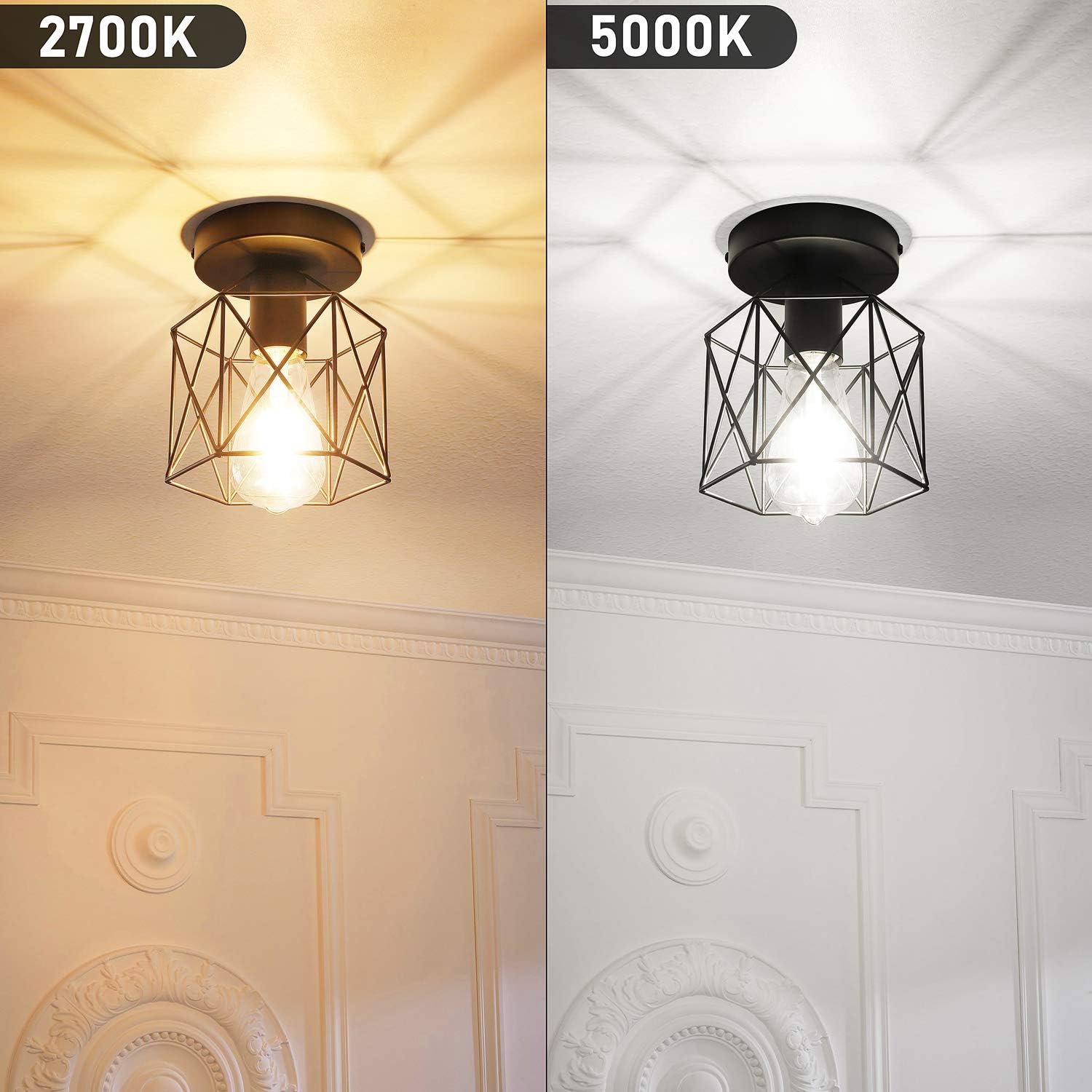 Semi-Flush Mount Ceiling Lights, E26 E27 Retro Industrial Ceiling Light Fixture, Vintage Black Metal Cage Farmhouse Lighting for Porch Hallway Bedroom Kitchen Stairway, 4 Packs