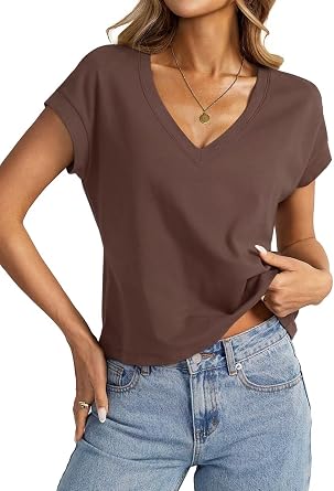 EasyGala Womens Cap Sleeve Crop Tops Cotton V Neck T Shirt Boxy Loose Fit Short Sleeves Tee Summer Fashion Clothes 2026