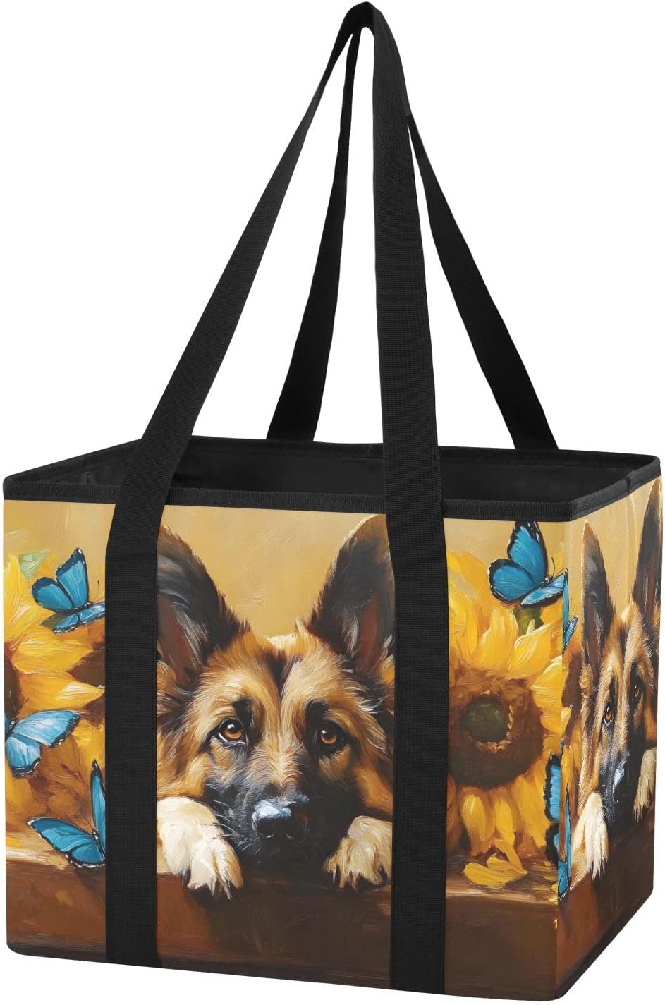 German Shepherd Dog Cute Car Trunk Organizer for SUV, Collapsible Storage Bin with Handles, Heavy Duty 600D Oxford Water-Resistant Foldable Tote for Back Seat, Groceries, Tools, Travel, Camping