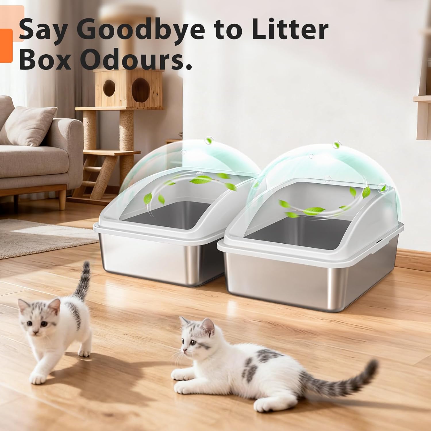 2 Pack Stainless Steel Litter Box | Metal Kitty Litter Box with Lid High Sided for Small Cats or Injured Cats, Bunny Litter Boxes, Low Entry, Odor-Free, Non-Stick,Includes Scoop