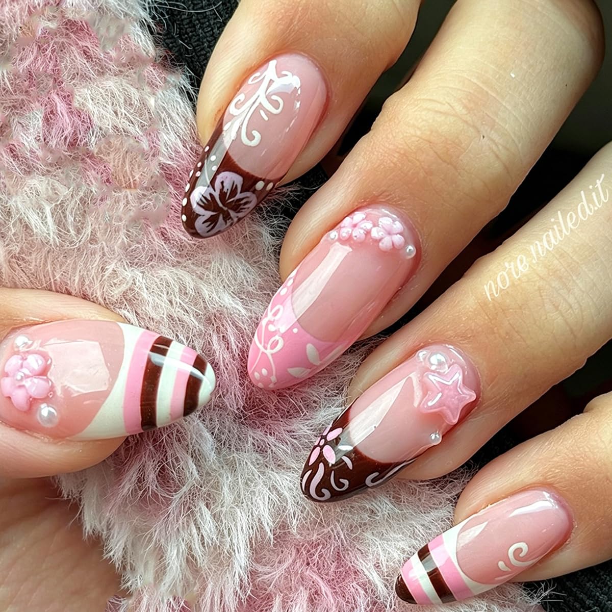 Medium Almond Press on Nails French Tip Fake Nails Nude Pink Nails Press ons with 3D Flower Star Pearl Design Cute Y2K Nail Full Cover Glossy Glue on Nails for Women Girls Manicure 24Pcs