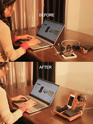 Miniatura 3 de ABHANDICRAFTS Organizador de mesita de noche, estación de acoplamiento de madera, cartera, soporte de reloj, soporte para llaves, el mejor regalo