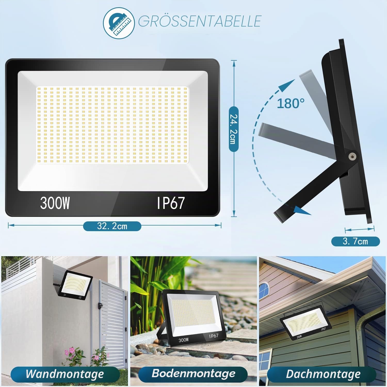 LED Strahler Außen 300W 30000LM IP67 Wasserfest LED Fluter 1 Stück | 6500K Kaltweiß Superhell LED Scheinwerfer 85-265V, Aussenstrahler Wandstrahler für Lager, Garten, Garage, Hof, Parkplatz