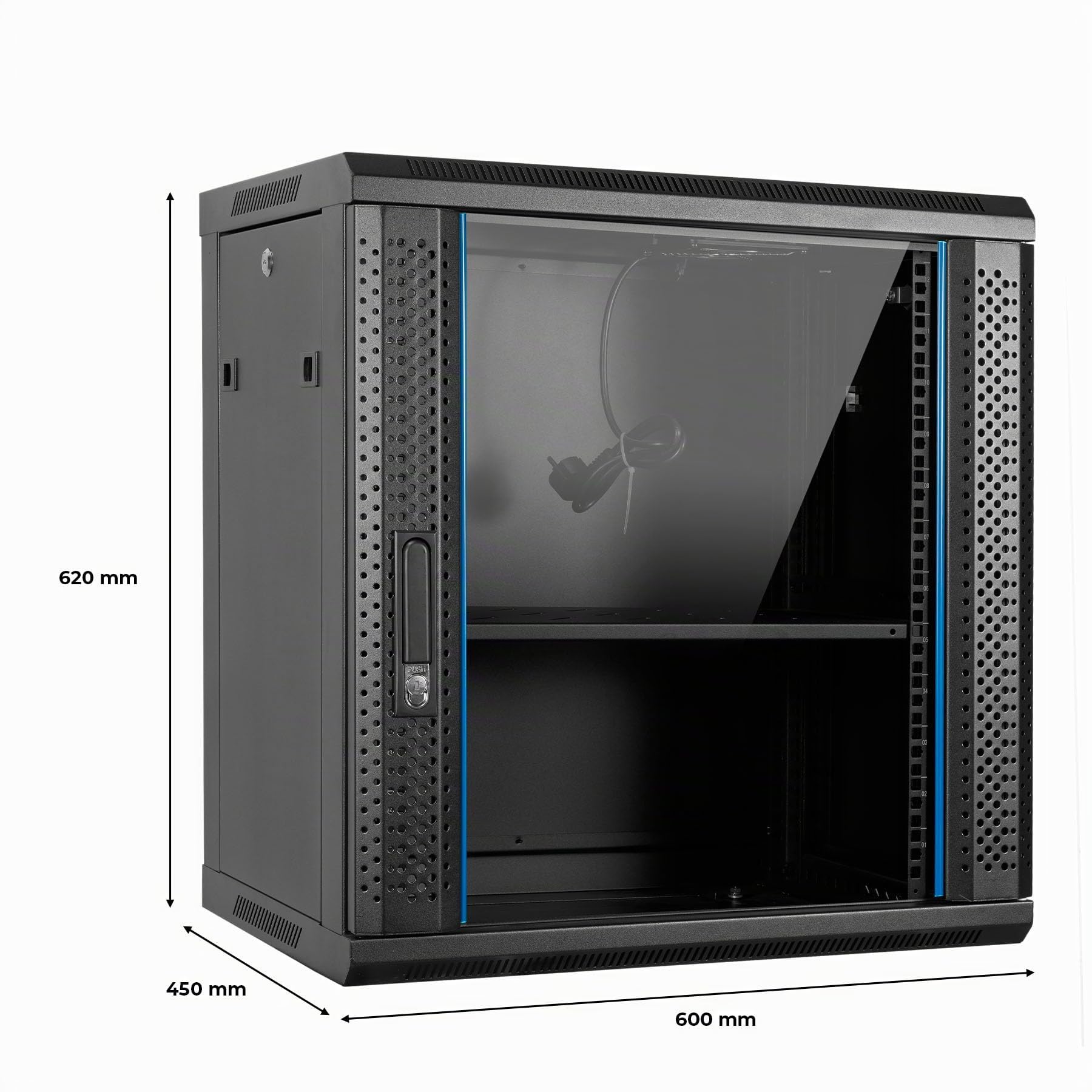 Aiten Data Armario Rack Mural 19" 12U Medidas 600 x 450 x 620 mm Montado con Accesorios: 1 Bandeja Fija, 1 Ventilador de Techo de 120 mm, Tornillos y Llaves