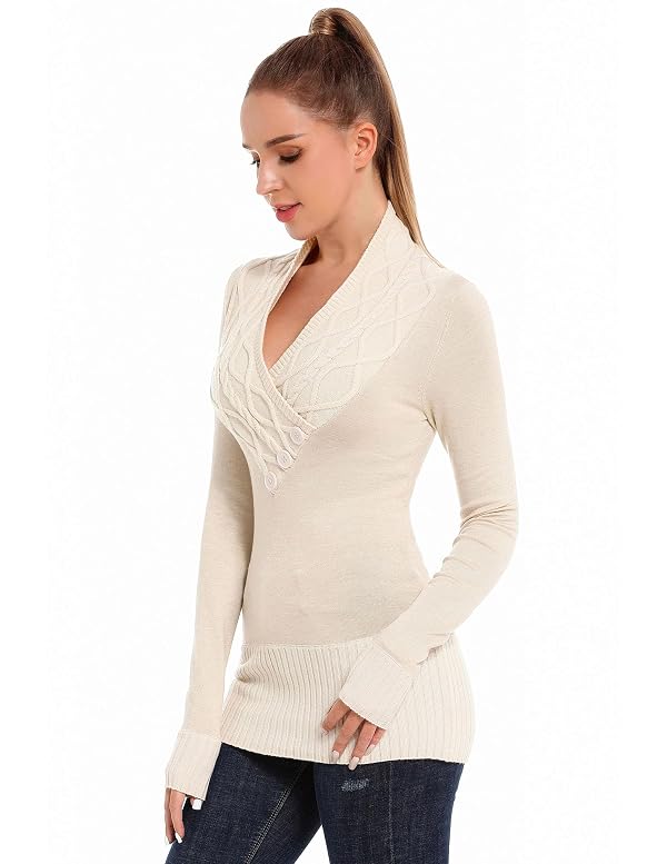 AmélieBoutik Women Crossover Cable Knit V Neck Long Sleeve Pullover Sweater(Beige Medium) by AmélieBoutik - Used condition - Image 2