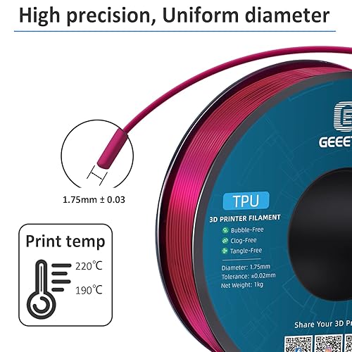 Miniatura 2 de Geeetech - Filamento de TPU 95A de 0.07 pulgadas, consumibles flexibles y suaves para impresora 3D, precisión dimensional +- 0.001 pulgadas, carrete