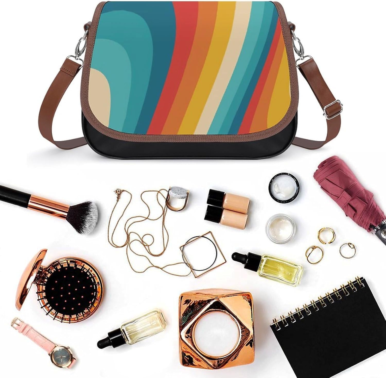 70s Retro AestheticWomen's Faux Leather Crossbody Bag, Waterproof Wrinkle-Resistant Shoulder Bag with Detachable Strap, Large Capacity Casual Handbag, Fashion Daily Purse for Shopping Work Dating, Ide