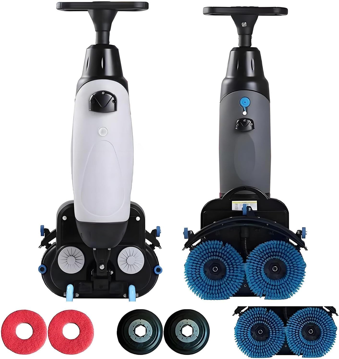 17" Walk-Behind Commercial Floor Scrubber Buffer Polisher Machine, Dual Brushes, Dual Pads and Drivers, 13000 sqft/h, Cordless Rechargeable Lithium Battery, Lightweight White