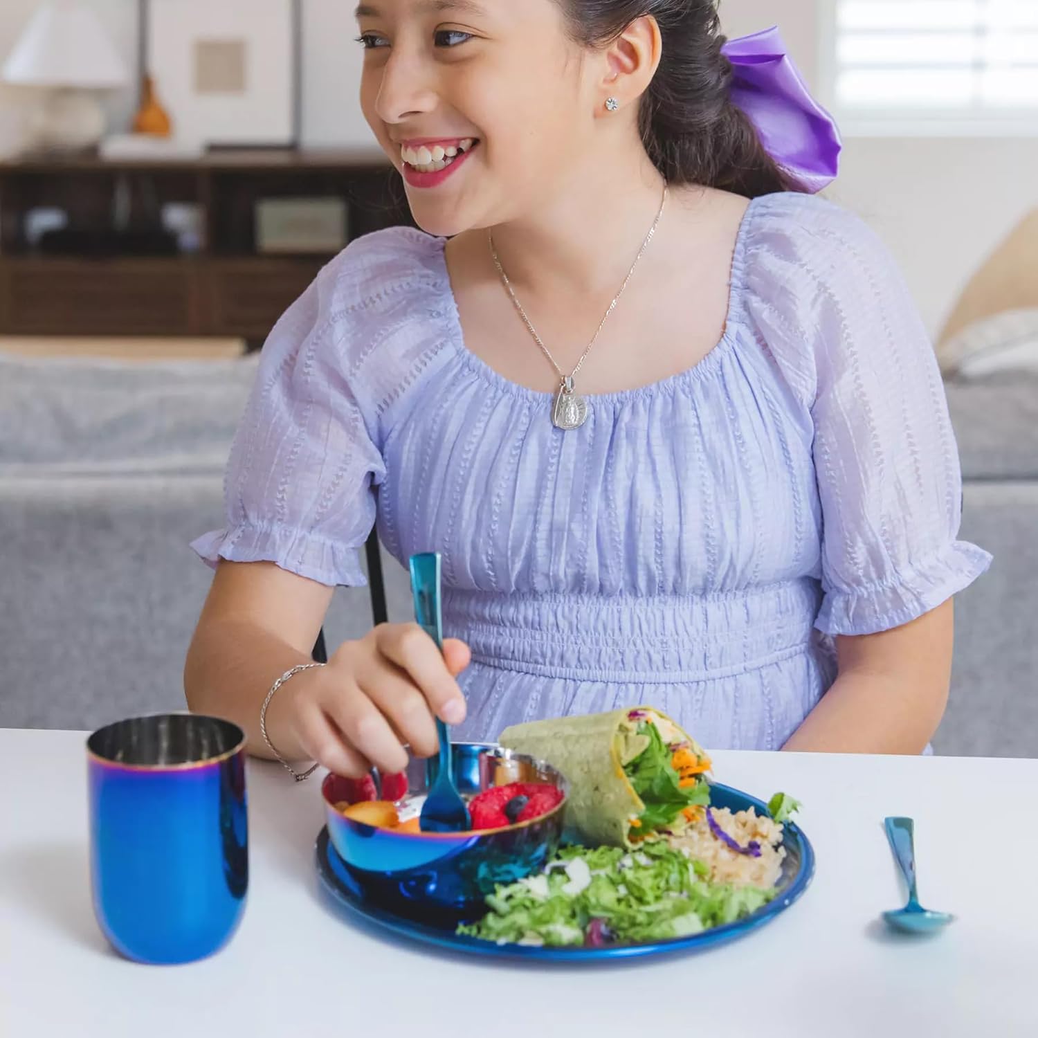 Ahimsa Stainless Steel Kids Dishes, Pediatrician Designed Complete 5 Piece Kids Plates and Bowls Set, Non Toxic & Unbreakable Stainless Steel Plate, Cup and Kid Utensils, Iridescent Blue