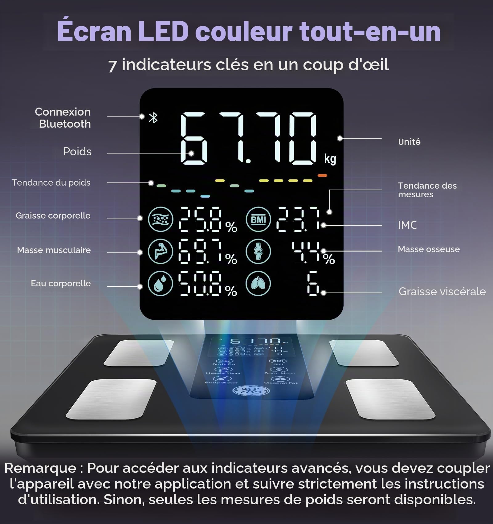 GE Balance intelligente pour poids corporel, balance de salle de bain numérique à 8 électrodes, 27 mesures pour la graisse, l'IMC, la masse musculaire, analyseur de composition corporelle, Bluetooth