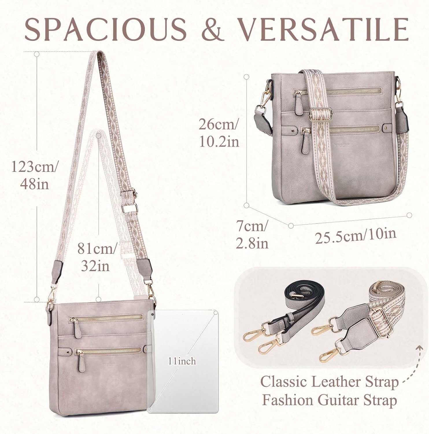VASCHY Crossbody Bag Purse for Women, Fashion Vegan Leather Medium Multi-pocket Cross Body Messenger Bag Handbag Guitar Strap