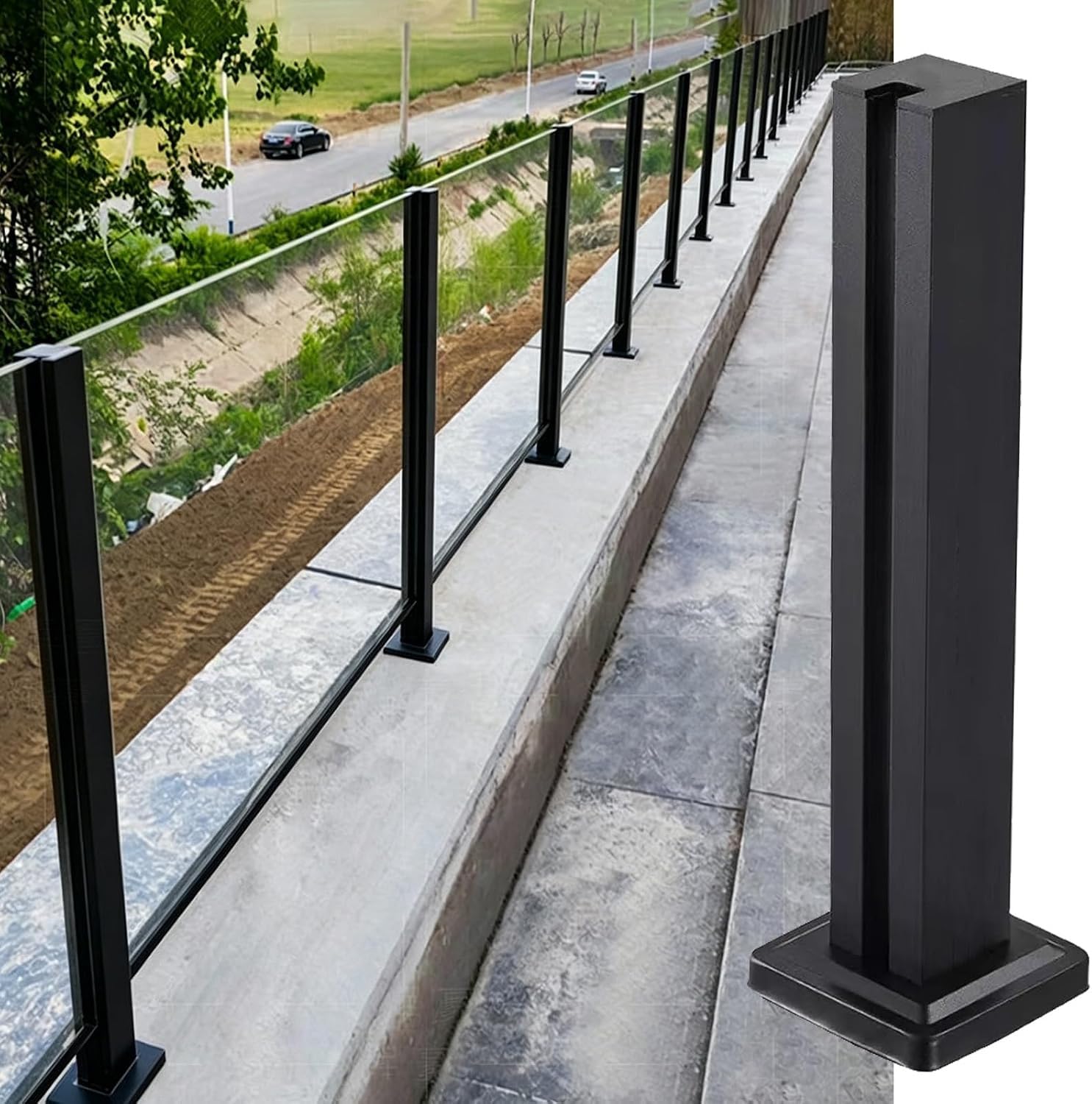 AVLLSO Staircase Baluster Black Glass Balustrade Clamp, Square Stainless Steel Post for Patio Terrace Pool & Construction Railings(End Post,105cm/41.3in)