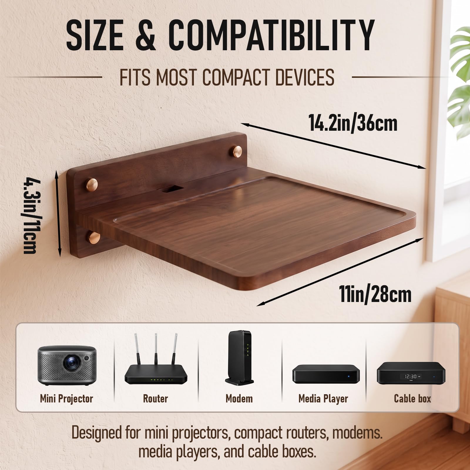 CroBlissful Estante flotante de madera para montaje en pared de 14.2 x 11 pulgadas, estante flotante y soporte para caja de cables, router, módem, decoración de cine en casa para sala de estar