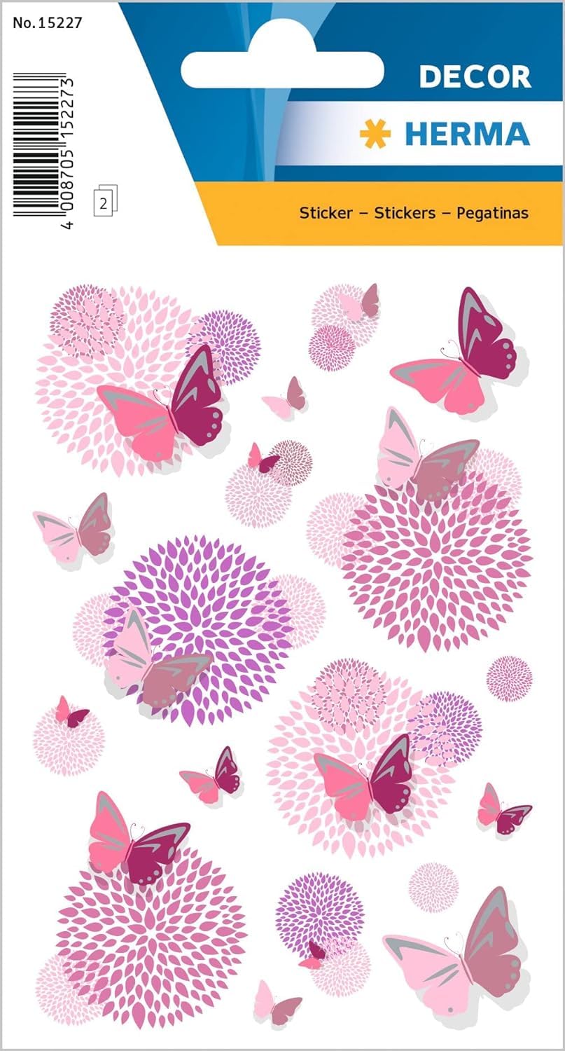 HERMA 15227 Flower Stickers for Children, Butterfly Flower (26 Stickers, Paper with Silver Embossing) Self-Adhesive, Permanent Adhesive Motif Labels for Girls and Boys, Colourful